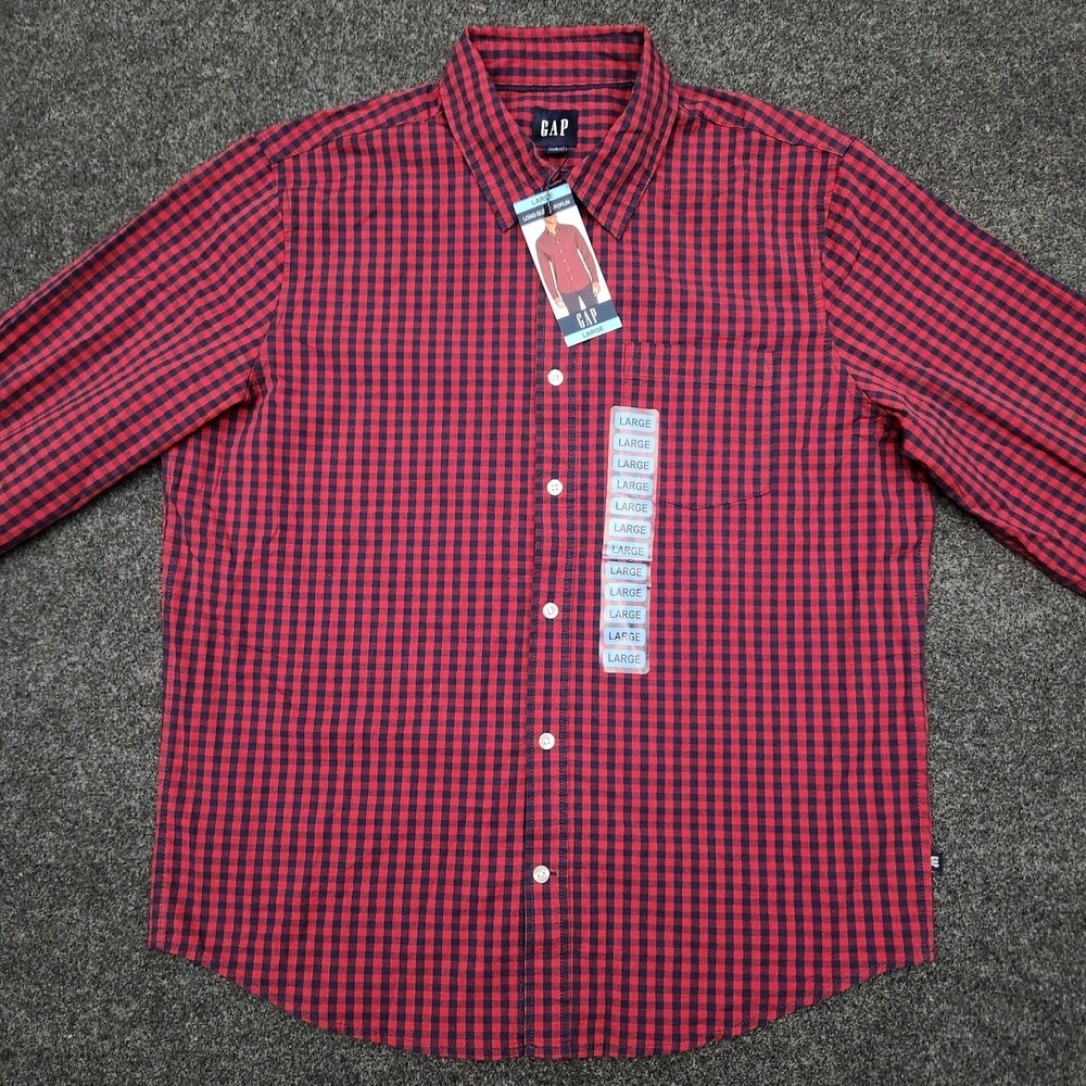 GAP Mens Large Red Navy Gingham Plaid Woven Button Up Shirt Cedar Preppy